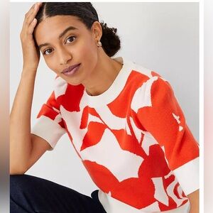 Ann Taylor White and Orange Floral Puff Sleeve Sweater Tee
